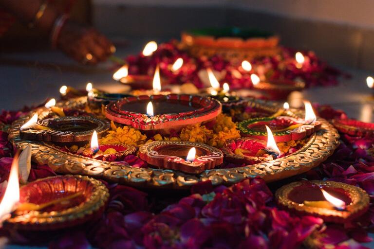 Diwali Celebration with Traditional Diya Lamps
